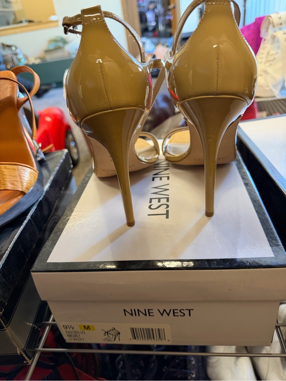 Nine West Glossy Patent Ankle-Strap Stiletto Heels in Tan